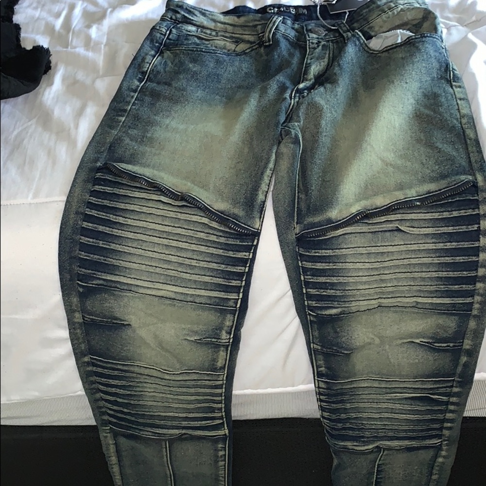 Blue biker denim jeans